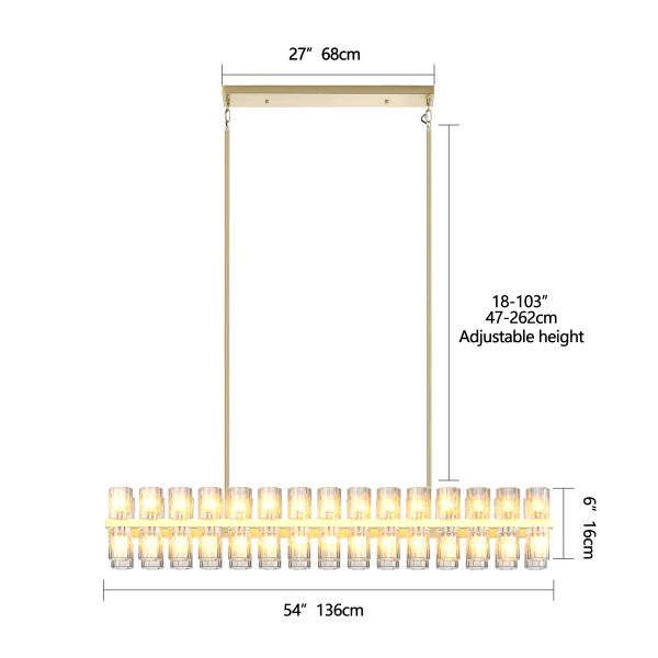Crystal Brass Rectangle Chandeliers for Dining Room, 54in Gold Farmhouse Chandeliers for Dining Room, Modern Rectangle Crystal Chandelier for Kitchen Island Living Room, Includes 60XG4 Bulbs