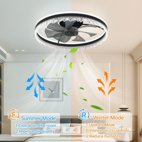 Modern LED Ceiling Fan with Light C 24'' Dimmable Ceiling Light with Invisible Blades and Crystal Design, Remote Control & Adjustable Color Temperature, Quiet Fan for Bedroom, Living Room