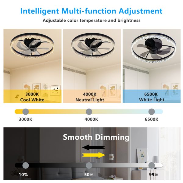 Smart Flush Mount Ceiling Fan with Light C 20-inch Integrated LED Chandelier with 5 Invisible Blades, Remote Control & Timer, Dimmable Lighting, Ultra-Quiet Operation for Bedroom, Living Room