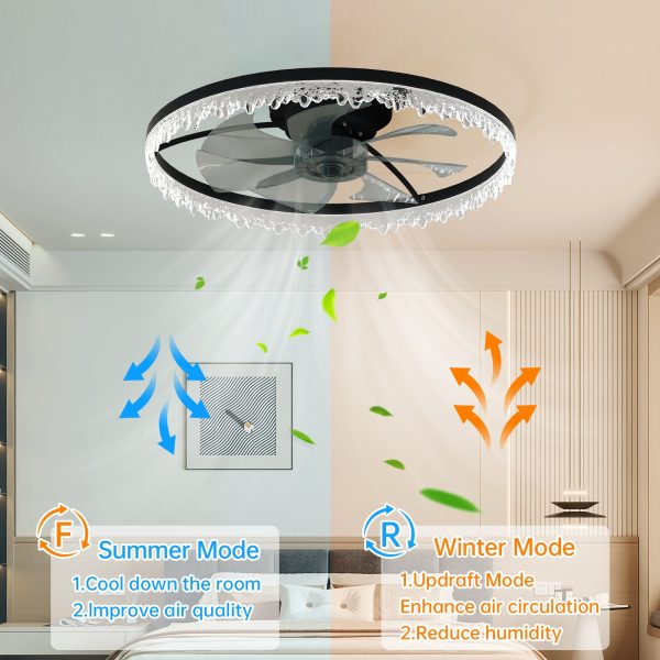 Luxury Crystal Ceiling Fan with Lights C 24'' Flush Mount LED Chandelier Fan with 5 Invisible Blades, Remote & Timer, Bright Dimmable Lighting for Bedroom, Living Room, Dining Room
