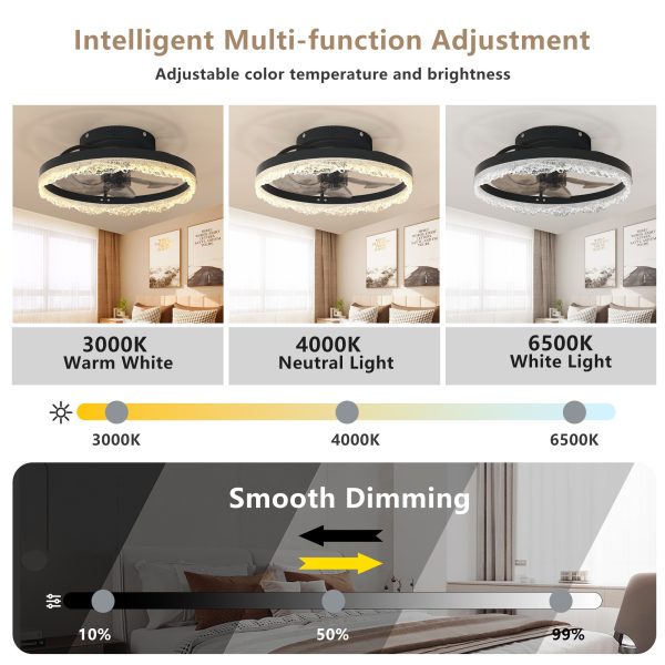 16" Decorative LED Ceiling Fan Light C Modern Flush Mount with Acrylic Ring, Hidden Blades, Remote Control, and Dimmable Light for Stylish Homes (Black)