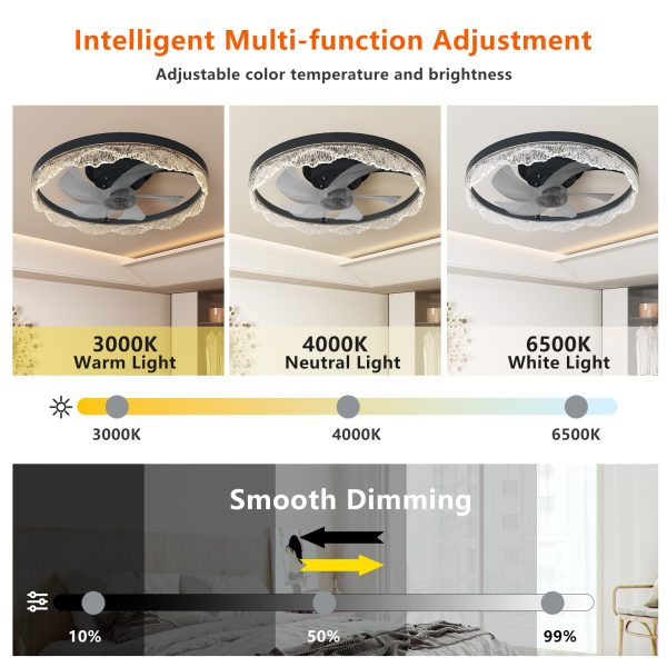 20" Decorative LED Ceiling Fan Light C Modern Flush Mount with Acrylic Ring, Hidden Blades, Remote Control, and Dimmable Light for Stylish Homes (Black)