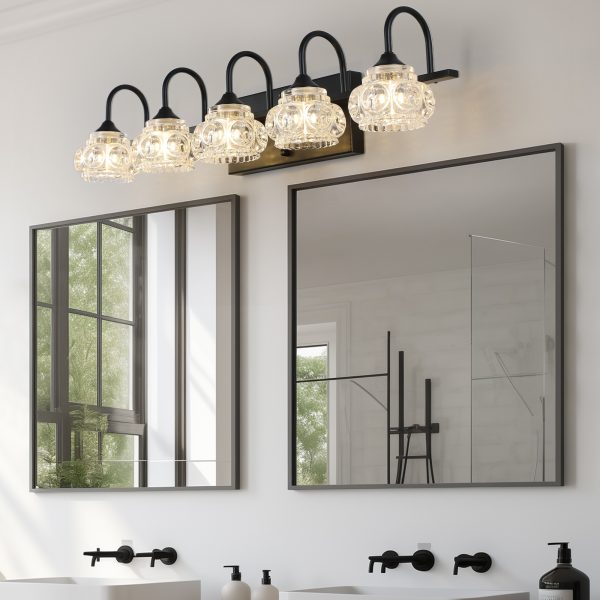29" Retro 5-Light Bathroom Vanity Light Fixture - Black Finish with Crystal Glass Shades, Wall Mounted Lighting for Bathroom, Powder Room, and Vanity Mirror (No Bulbs)