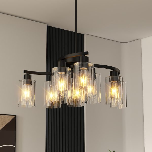 2-182.jpg 9-Light Black Modern Chandeliers for Dining Room, Adjustable Height Farmhouse Kitchen Island Lighting, Industrial Hanging Light Fixtures for Living Room Bedroom, Clear Glass Shade