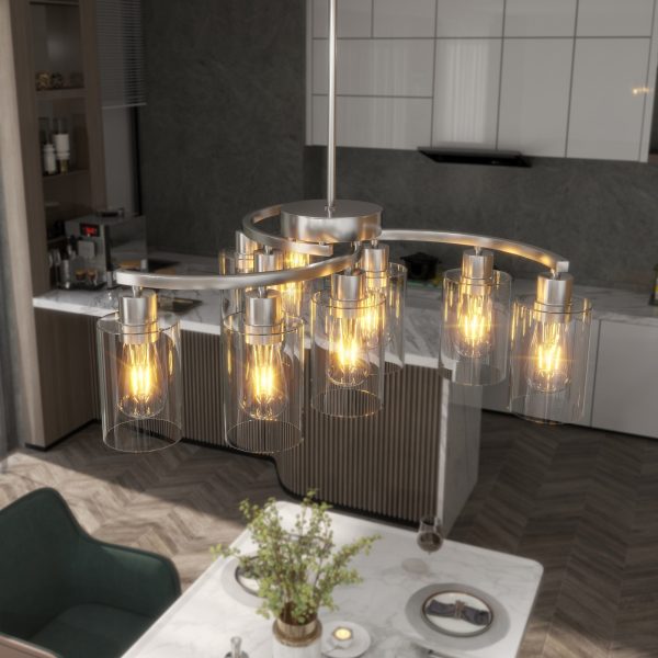 9-Light Brushed Nickel Glass Chandelier, Adjustable Height Hanging Industrial Dining Room Chandelier Over Table, Modern Farmhouse Chandelier for Kitchen Island Living Room Entryway Bedroom