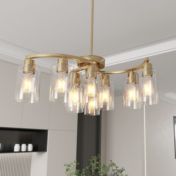 9-Light Gold Glass Chandelier, Adjustable Height Dining Room Light Fixtures Over Table, Contemporary Hanging Chandelier for Kitchen Island Living Room Foyer Office, Clear Glass Shade