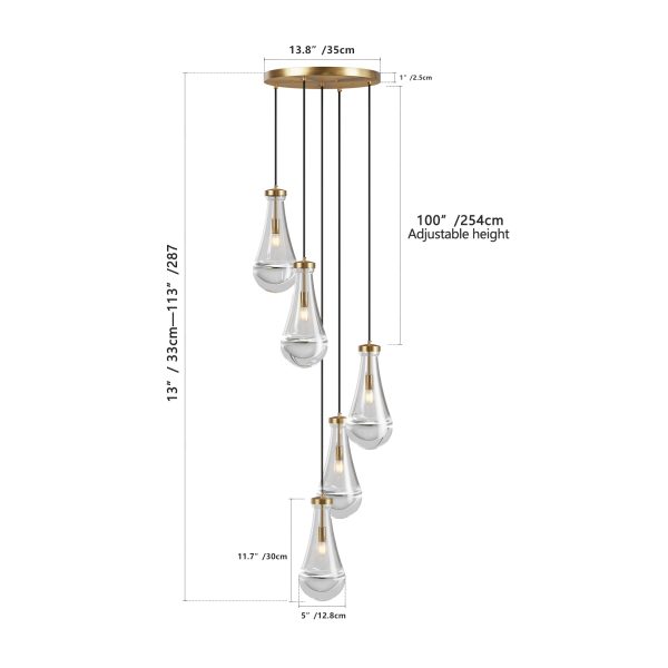 2-186.jpg 5 Light Cluster Pendant Light, Brass High Ceiling Chandeliers Adjustable, Living Room Pendant Light, Foyer Chandeliers, Stairwell Pendant Lights,E12 not Including Bulb
