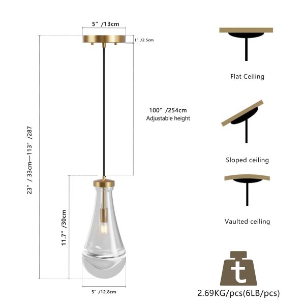 Modern Raindrop Pendant Lights, Pendant Lights for Kitchen Island, Brass Rod Dining Room Light Fixture, Clear Solid Raindrop Chandelier, Chandelier for Living Room Hallway,Not including Bulb
