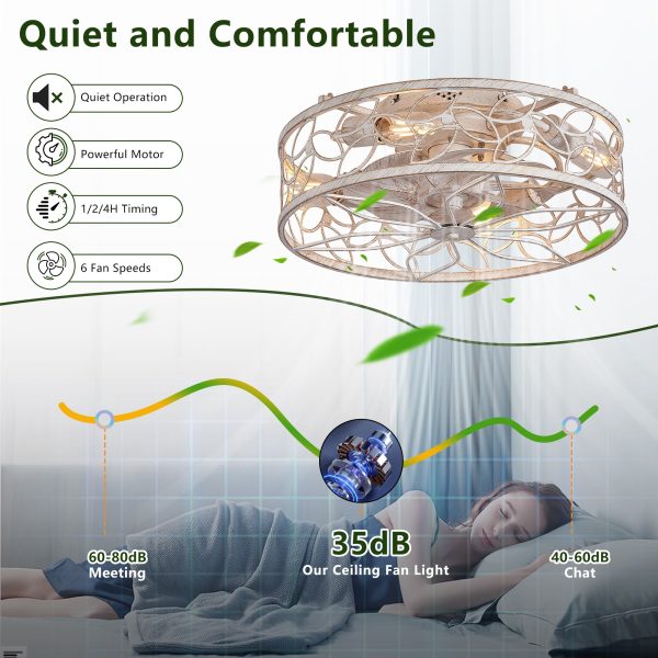 18-inch White Vintage Caged Ceiling Fan Light C Quiet Operation, Remote Control, Industrial Style for Living Room, Bedroom, and Kitchen (Silent/6-Speed/Reversible/DC Motor) (Bulb Not Included)