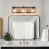 23" Farmhouse Vanity Light Fixture, 3-Light Bathroom Wall Sconce with Clear Seeded Glass Shades, Black and Wood Grain Finish, Modern Industrial Design for Bathroom or Powder Room (No Bulbs)