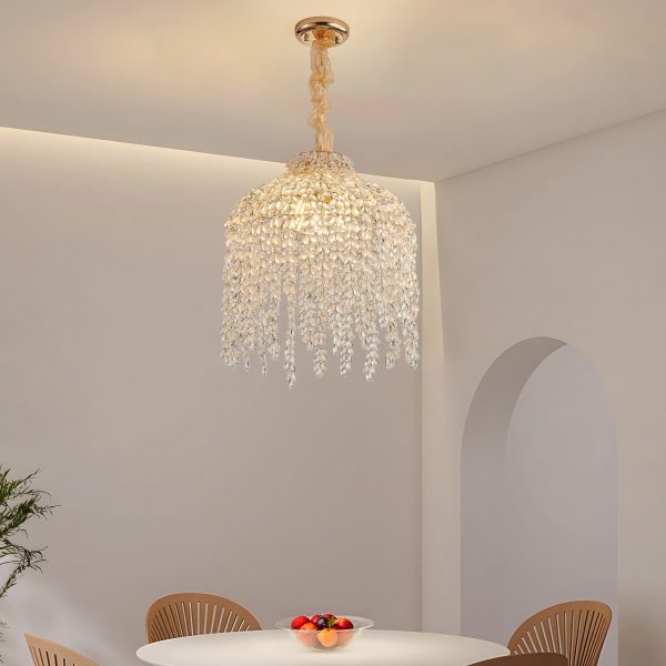 16 Inch 5-Light Crystal Pendant Light ChandelierC Elegant Waterfall Design with Grape-Shaped Crystal Bead Strings and Gold Finish for Living Room, Bedroom, or Dining Area (Bulb Not Included)