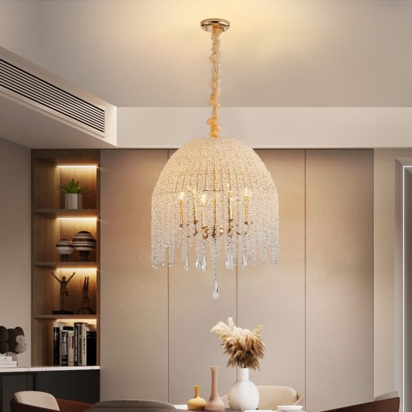 20 Inch 6-Light Crystal Pendant Light ChandelierC Elegant Waterfall Design with Cascading Crystal Bead Strings and Gold Finish for Living Room, Bedroom, or Dining Area (Bulb Not Included)