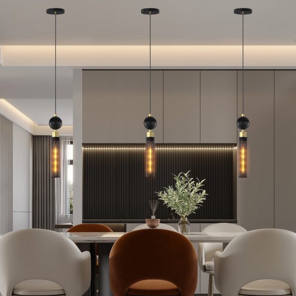 Modern Black Wrought Iron Pendant Light (for Kitchen Island), Adjustable Cord Pendant Fixture, Hanging Lighting Over Kitchen Island, Indoor Chandelier for Bedroom & Bathroom