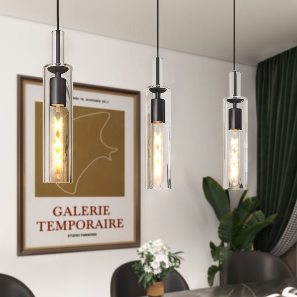 3 Pack Black Pendant Lights Kitchen Island (No Bulbs), Adjustable Modern Glass Pendant Light Over Island, Industrial Pendant Light Fixtures for Dining Room Hallway Bedroom Living Room