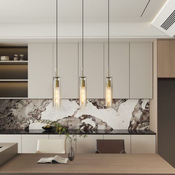 Gold Pendant Light Fixtures, 3 Pack Modern Pendant Lighting with Clear Striped Glass Shade, Hanging Pendant Lights Kitchen Island, Farmhouse Pendant Lighting for Dining Room Bedroom Bathroom