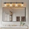 32" Farmhouse Vanity Light Fixture, 4-Light Bathroom Wall Sconce with Clear Seeded Glass Shades, Black and Wood Grain Finish, Modern Industrial Design for Bathroom or Powder Room (No Bulbs)