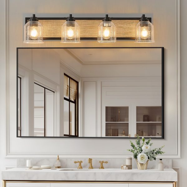 32" Farmhouse Vanity Light Fixture, 4-Light Bathroom Wall Sconce with Clear Seeded Glass Shades, Black and Wood Grain Finish, Modern Industrial Design for Bathroom or Powder Room (No Bulbs)