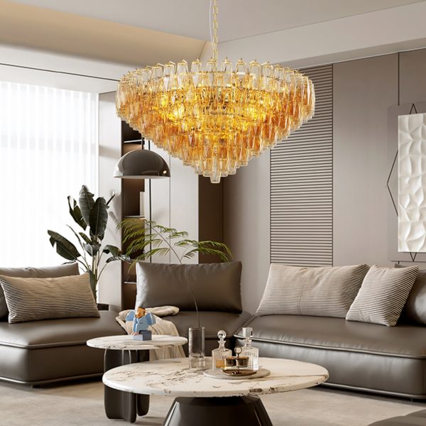 37" Extra Large Chandelier, 14-Light Gold Modern Round Chandelier for Living Room, Tiered Smoke Blown Glass Brass Chandeliers, Hanging Light Fixture for Bedroom, Dining Room, Foyer, Entryway