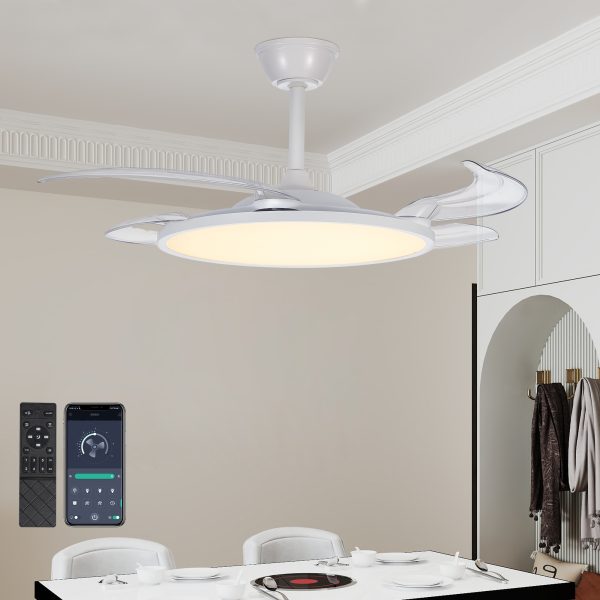 Retractable Ceiling Fans with Lights,42 inch Ceiling Fan with Light and Remote Control,Flush Mount,DC Reversible,3CCT,Low Noise,White Ceiling Fan for Bedroom,Living Room,Kitchen,Indoor Use