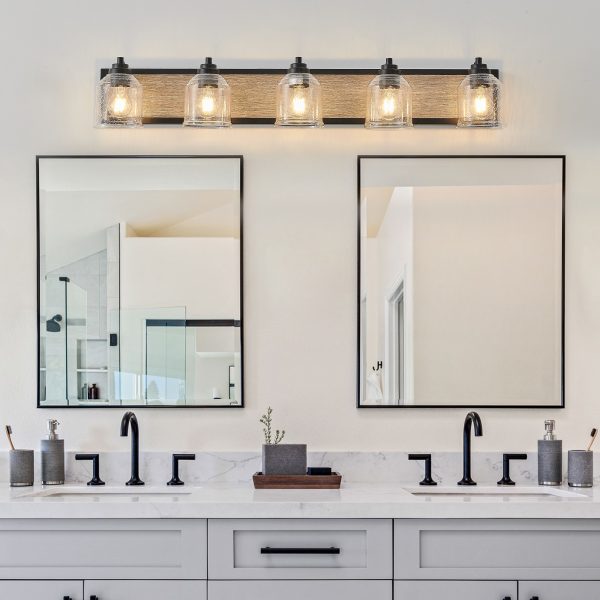 40" Farmhouse Vanity Light Fixture, 5-Light Bathroom Wall Sconce with Clear Seeded Glass Shades, Black and Wood Grain Finish, Modern Industrial Design for Bathroom or Powder Room (No Bulbs)