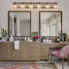 49" Farmhouse Vanity Light Fixture, 6-Light Bathroom Wall Sconce with Clear Seeded Glass Shades, Black and Wood Grain Finish, Modern Industrial Design for Bathroom or Powder Room (No Bulbs)