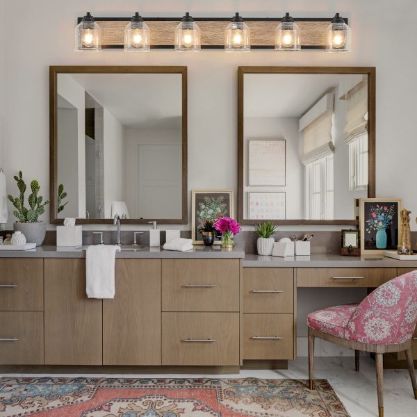 49" Farmhouse Vanity Light Fixture, 6-Light Bathroom Wall Sconce with Clear Seeded Glass Shades, Black and Wood Grain Finish, Modern Industrial Design for Bathroom or Powder Room (No Bulbs)