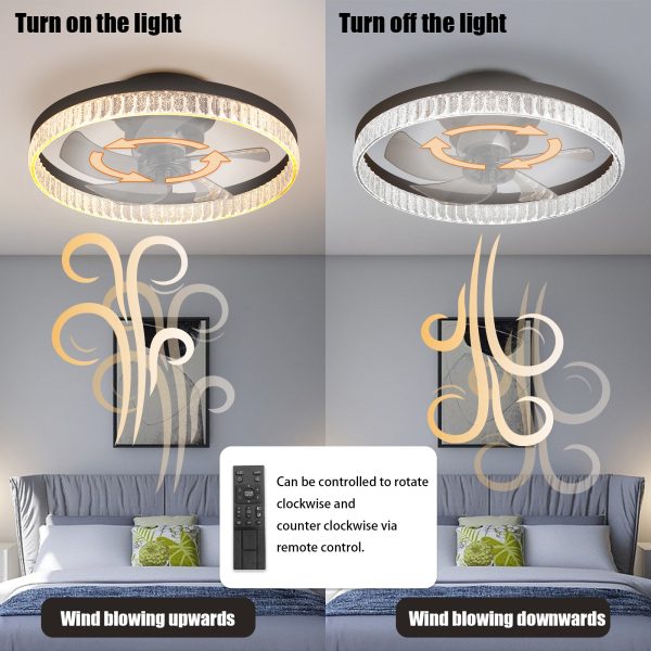 20" Brown Ceiling Fan with LED Light C Modern Flush Mount Fan Light for Bedroom, Living Room, and Home Dcor with Crystal Ring Design