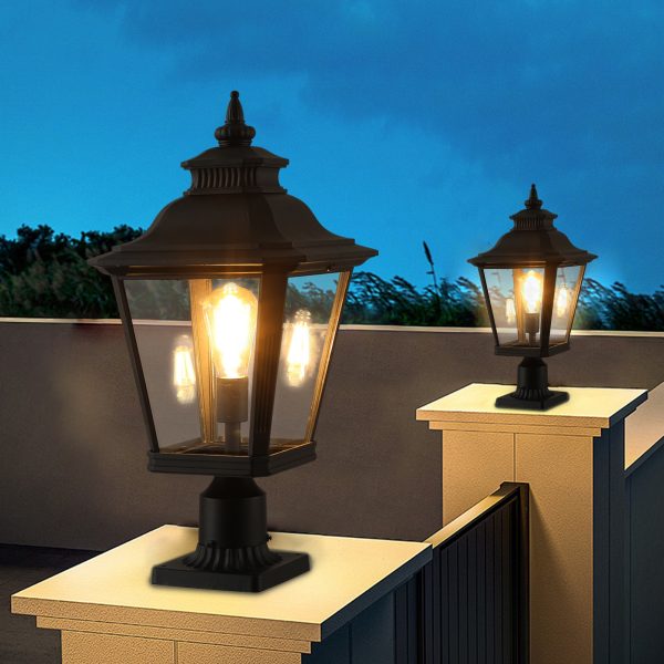 21"(H) 2-Pack Outdoor Post Lantern Light C Vintage Black Metal & Clear Glass Pillar Lamp for Garden, Gate, Driveway, and Pathway Lighting with Elegant Design (Bulb Not Included)