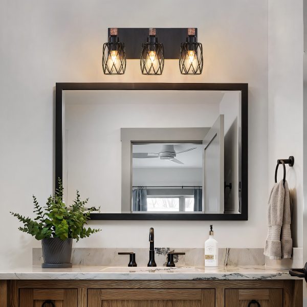 18" Industrial Vintage 3-Light Wall Sconce - Black Cage Wall Lighting Fixture with Wooden Accents for Bathroom, Hallway, or Living Room (Bulb Not Included)