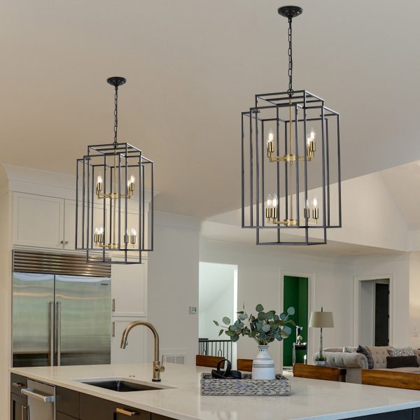 18" Modern 8-Light Black Gold Geometric Pendant Chandelier, Industrial Metal Frame, Adjustable Hanging Light for Living Room, Dining Room, Kitchen (No Bulbs)