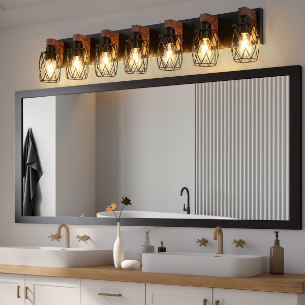 Industrial Vintage 7-Light Wall Sconce - Black Cage Wall Lighting Fixture with Wooden Accents for Bathroom, Hallway, or Living Room (Bulb Not Included)