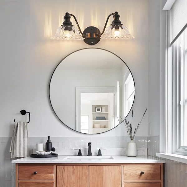 20 Inch 2-Light Vintage Bathroom Wall Sconce C Elegant Black Metal and Glass Lampshade Vanity Light Fixture for Bathroom, Hallway, or Bedroom (Bulb Not Included)