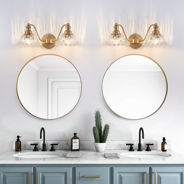 20 Inch 2-Light Vintage Bathroom Wall Sconce C Elegant Golden Metal and Glass Lampshade Vanity Light Fixture for Bathroom, Hallway, or Bedroom (Bulb Not Included)