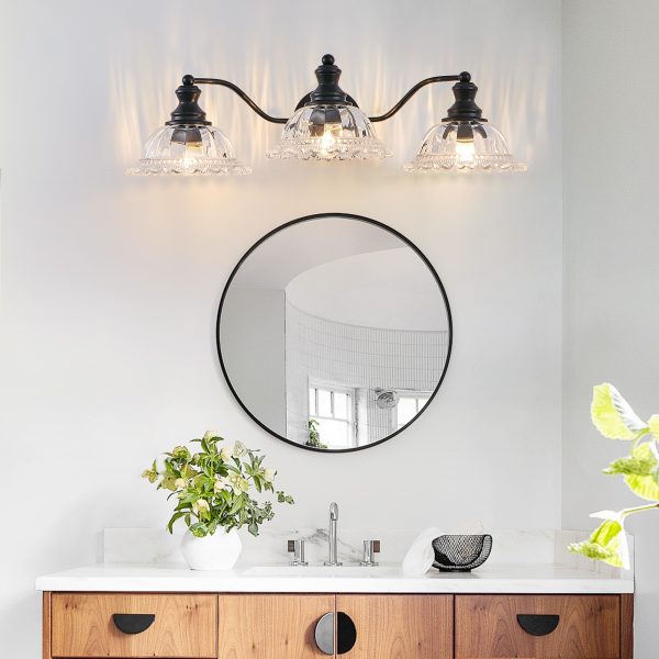 24 Inch 3-Light Vintage Bathroom Wall Sconce C Elegant Black Metal and Glass Lampshade Vanity Light Fixture for Bathroom, Hallway, or Bedroom (Bulb Not Included)