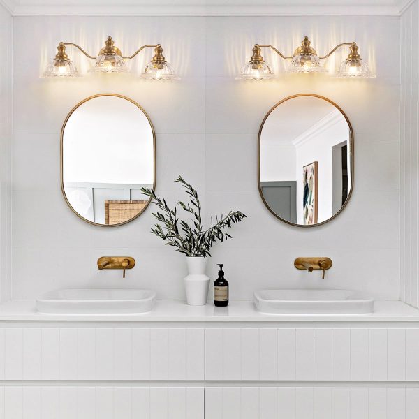 24 Inch 3-Light Vintage Bathroom Wall Sconce C Elegant Golden Metal and Glass Lampshade Vanity Light Fixture for Bathroom, Hallway, or Bedroom (Bulb Not Included)