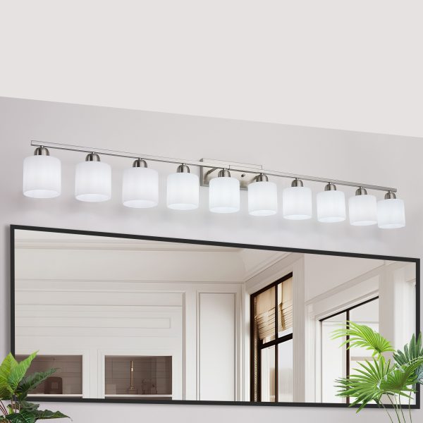 10-Light Bathroom Light Fixtures, 65.52inch Nickel Vanity Light with Milky White Glass Shade, Modern Bathroom Wall Lights Over Mirror, Farmhouse Wall Sconces Lighting for Bedroom Living Room