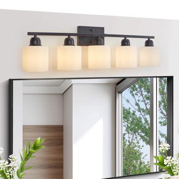 2-41.jpg Black Bathroom Light Fixtures, 5-Light Modern Vanity Light Over Mirror, Wall Sconces with Milky White Frosted Glass Shades, E26 Socket (Bulbs Not Included)