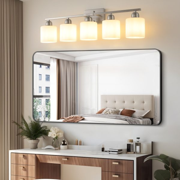 2-42.jpg Brushed Nickel Bathroom Light Fixtures, 5-Light Modern Vanity Light Over Mirror, Wall Sconces with Milky White Frosted Glass Shades, E26 Socket (Bulbs Not Included)