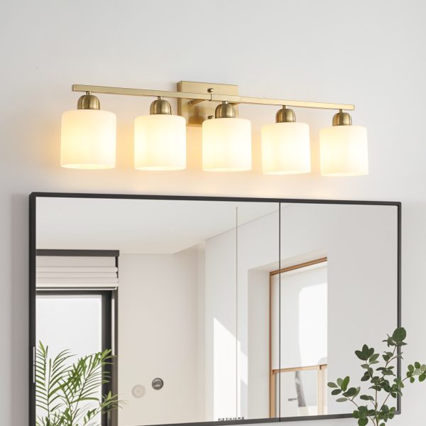 2-43.jpg Gold Bathroom Light Fixtures, 5-Light Modern Vanity Light Over Mirror, Wall Sconces with Milky White Frosted Glass Shades, E26 Socket (Bulbs Not Included)