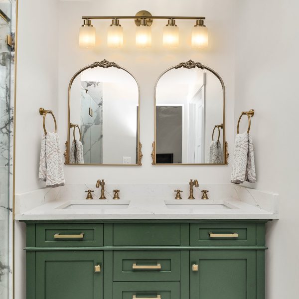 2-5.jpg 31" Modern 5-Light Vanity Wall Sconce, Golden Finish with Frosted Glass Shades for Bathroom or Hallway Lighting (No Bulbs)