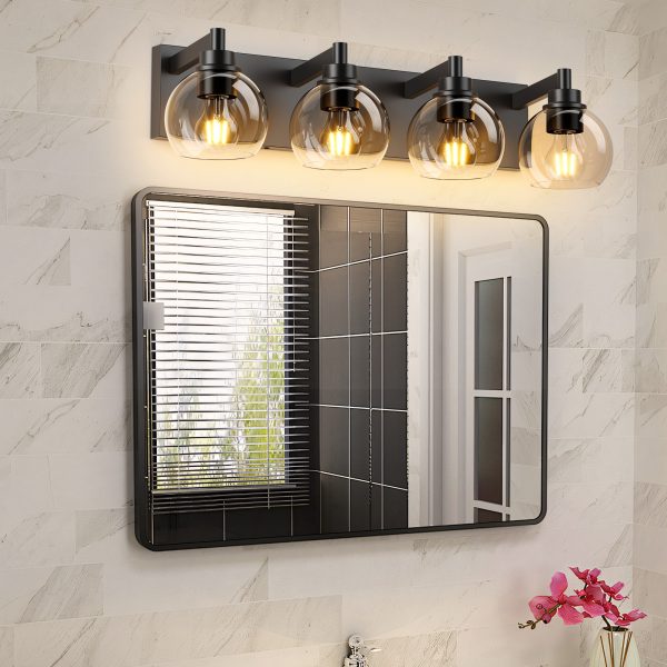 2-51.jpg Industrial Bathroom Vanity Light,4-Light Bathroom Lights Over Mirror with Clear Glass Globe Shade and Metal Base, Matte Black Bathroom Vanity Light Fixture(Bulbs Not Included)
