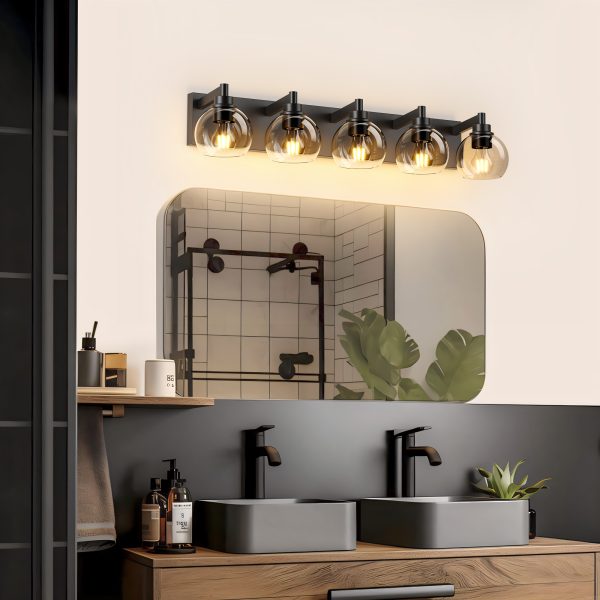2-52.jpg Bathroom Light Fixtures Over Mirror 5-Lights Bathroom Vanity Light with Clear Globe Glass Shade Modern Black Vanity Light Wall Sconce Vanity Lighting for Bath(Bulbs Not Included)