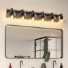 Farmhouse Bathroom Vanity Light Fixtures, 6-Light Wood Bathroom Light Fixtures Over Mirror, Rustic Sconces Wall Lighting with Glass Shade for Living Room, Bedroom, Hallway