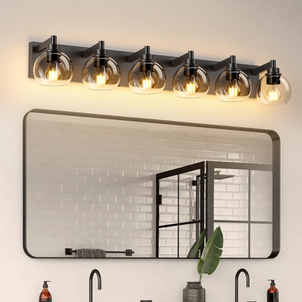 Farmhouse Bathroom Vanity Light Fixtures, 6-Light Wood Bathroom Light Fixtures Over Mirror, Rustic Sconces Wall Lighting with Glass Shade for Living Room, Bedroom, Hallway