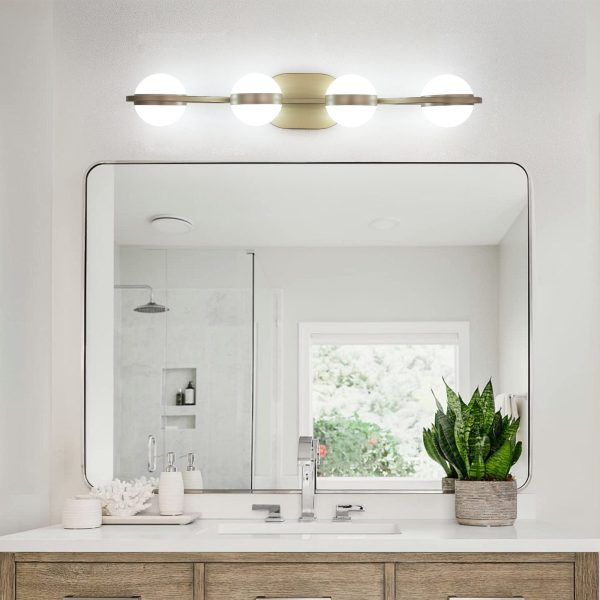 28" Golden Minimalist LED Bathroom Vanity Light with Crystal Sand Acrylic Shades, 4-Light Wall Mounted Decorative Lighting Fixture, Suitable for Bathroom Vanity Mirror