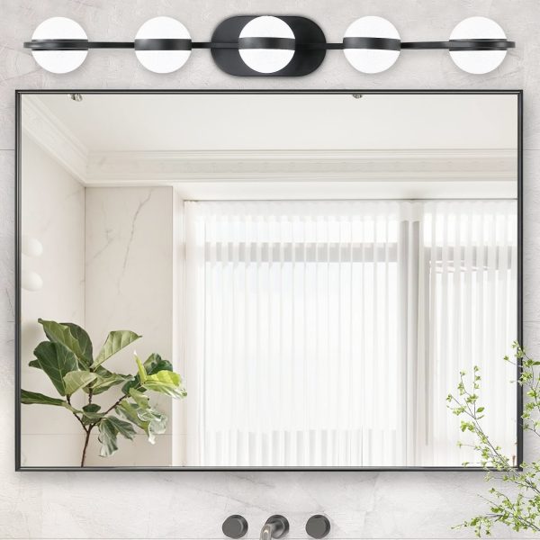 35" Modern Minimalist Bathroom Vanity Light, LED 5 Bulb Crystal Sand Acrylic Shades, Wall Mounted Decorative Lighting Fixture, Suitable for Bathroom Vanity Mirror (Black)