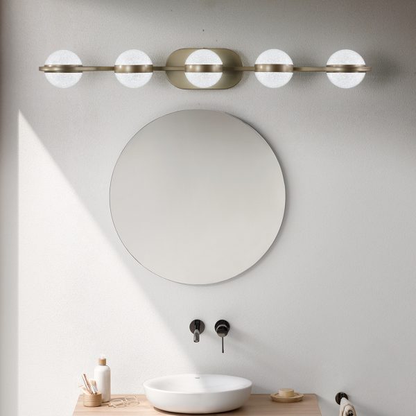 35" Modern Minimalist Bathroom Vanity Light, LED 5 Bulb Crystal Sand Acrylic Shades, Wall Mounted Decorative Lighting Fixture, Suitable for Bathroom Vanity Mirror (Champagne Gold)