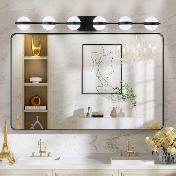 43" Black Minimalist LED Bathroom Vanity Light with Crystal Sand Acrylic Shades,6-Light Wall Mounted Decorative Lighting Fixture, Suitable for Bathroom Vanity Mirror