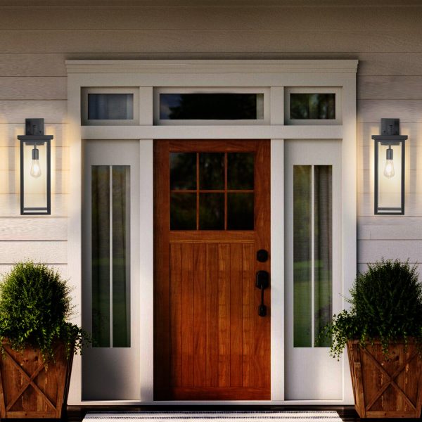 Outdoor Wall Light Fixtures, Exterior Waterproof Wall Lanterns, Porch Sconces Lighting with E26 Sockets & Glass Shades, Modern Matte Black Outside Lights for Patio Front Door Entryway Garage, 2-Pack