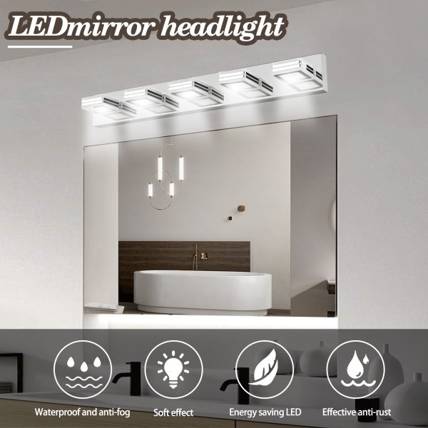 32" Modern Chrome 5-Light LED Vanity Light, Square Acrylic Lampshades Wall Mount Fixture for Bathroom, Mirror Lighting